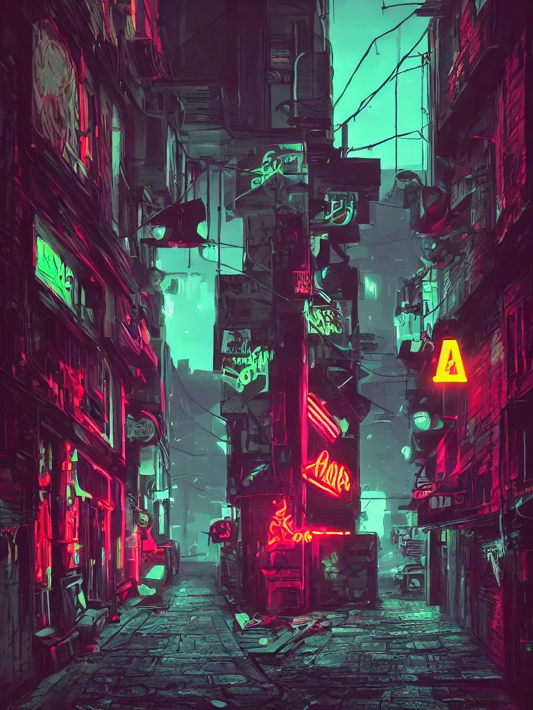Prompt: a dark alley with a nightclub with neon signs in the style of simon stalenhag