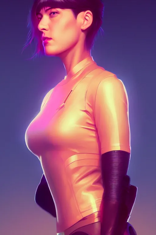 Image similar to 3 / 4 portrait, major mira killian from ghost in a shell, night, crop top, beautiful, in a modern city, neon signs, jewelry, artstation, william bouguereau, rossdraws, greg rutkowski, super detailed, realistic, octane render, volumetric, cinematic, 8 k