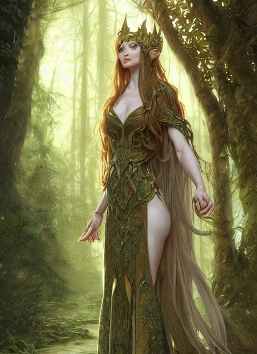 Prompt: full body of a fantasy elf female sorceress queen with long hair flowing in an ancient forest filled with magic, highly detailed, digital painting, artstation, smooth, sharp focus, illustration, art by artgerm and greg rutkowski and alphonse mucha, intricate dress, fine face