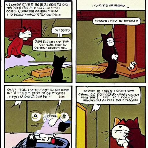 Prompt: heathcliff the cat shooting garfield the cat in the style of a comic strip, george gately, peter gallagher, jim davis