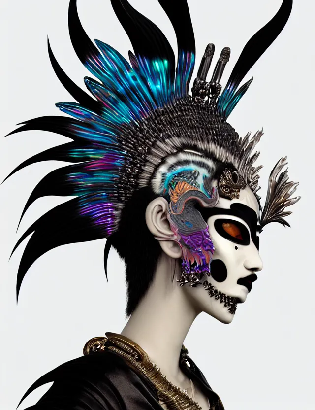 Image similar to 3 d goddess close - up profile simple portrait punk with mohawk with goat skull. beautiful intricately detailed japanese crow kitsune mask and clasical japanese kimono. betta fish, jellyfish phoenix, bio luminescent, plasma, ice, water, wind, creature, artwork by tooth wu and wlop and beeple and greg rutkowski