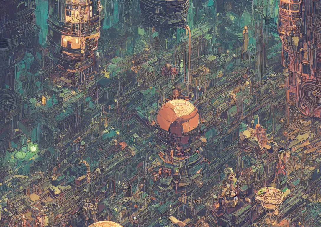 Image similar to Stunningly intricate illustration of single cyberpunk explorer overlooking lush forest, highly detailed, midnight, small glowing orbs by Victo Ngai and James Gilleard , Moebius, Laurie Greasley