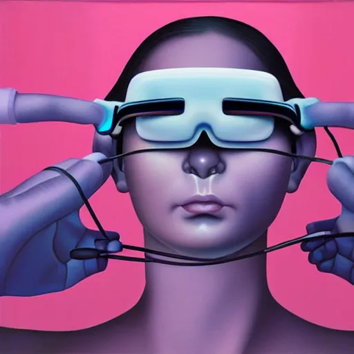 Image similar to alex gross, award winning masterpiece with incredible details, a surreal vaporwave vaporwave vaporwave vaporwave vaporwave painting of an old pink mannequin head wearing vr goggles with cables and wires coming out of it's neck, highly detailed