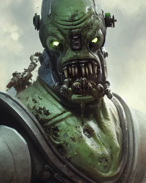 Image similar to hyper realistic portrait of warhammer android head, cinematic, chaos marine, nurgle, artstation, cgsociety, full head and shoulders, greg rutkowski, james gurney, mignola, craig mullins, brom