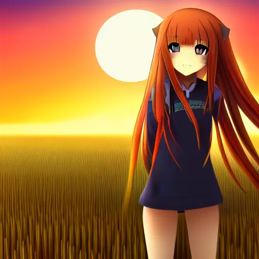 Image similar to Holo from Spice and Wolf standing in a wheat field at sunset, Holo is a wolf girl, high detail, trending on pixiv