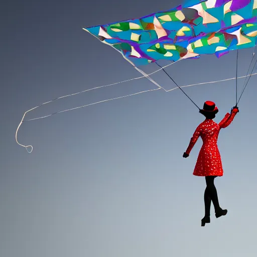 Image similar to mary poppins holding a two - line mattress kite being blown to the sky by the strong wind. 3 d octane render