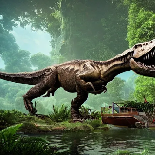 Prompt: an elaborate time machine with floating platform over a prehistoric jungle with a t - rex in the background, unreal engine, hyper detailed