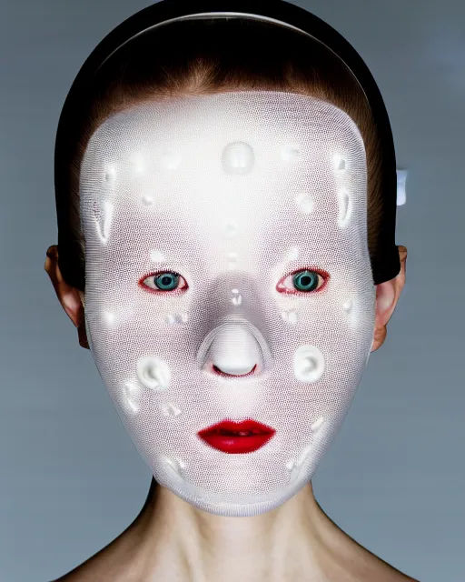 Image similar to portrait of a woman wearing a white embroidered translucent silicone mask and white red frizzy hair buns, wearing a black bodysuit by alexander mcqueen, cream white background, soft diffused light, biotechnology, humanoide robot, bjork aesthetic, translucent, by rineke dijkstra, intricate details, highly detailed, masterpiece,