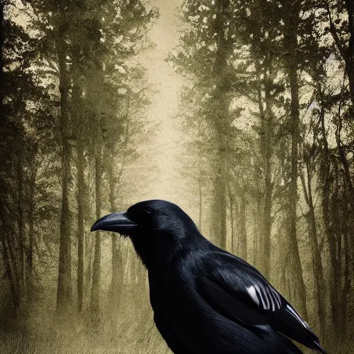 Image similar to mixture between a!!!! human and crow, photograph captured in a forest