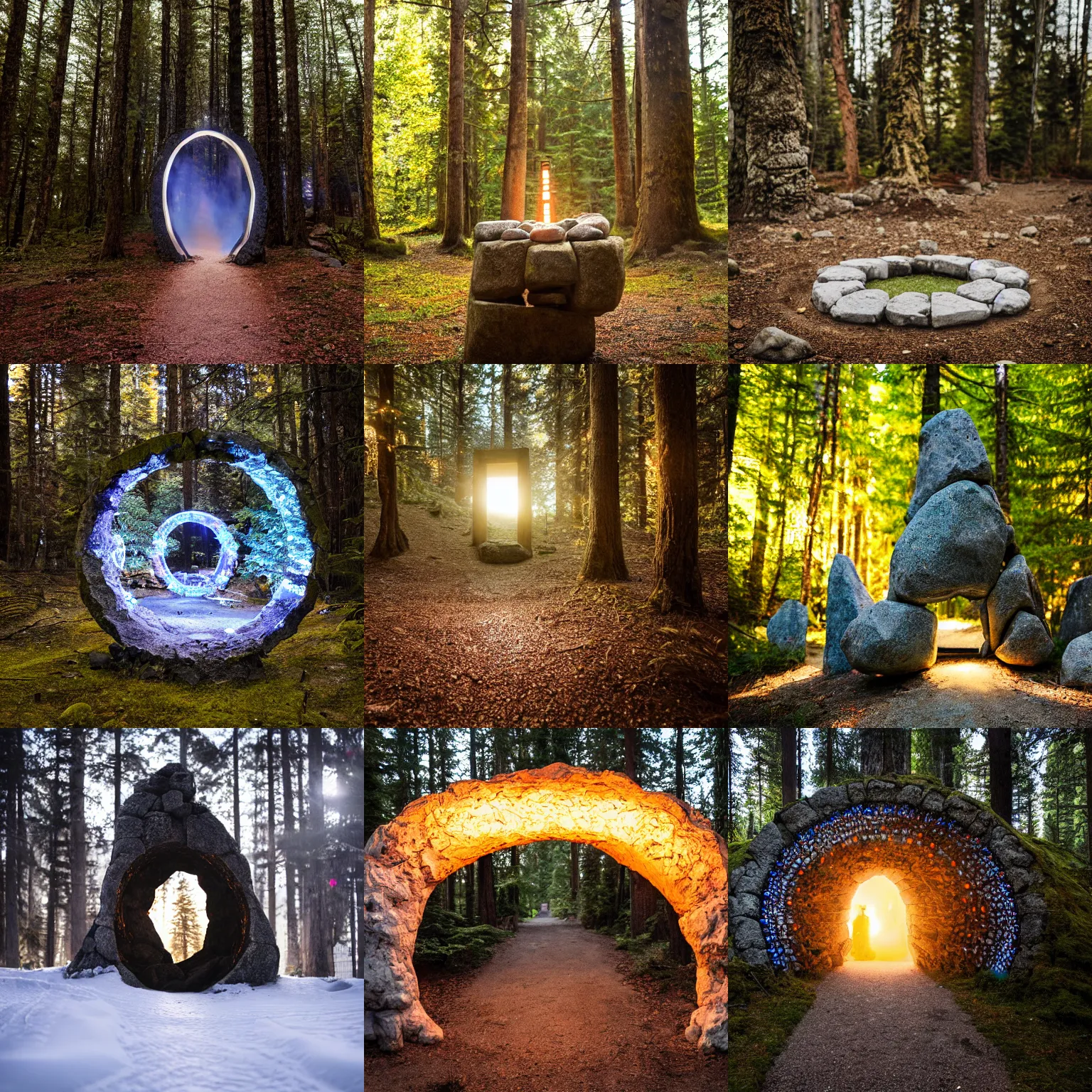 Prompt: Glowing magical portal to Hyperborea made of stones in the forest, taken with Sony a7R camera, EOS-1D, f/1.4, ISO 200, 1/160s, 8K, RAW, unedited, symmetrical balance, in-frame