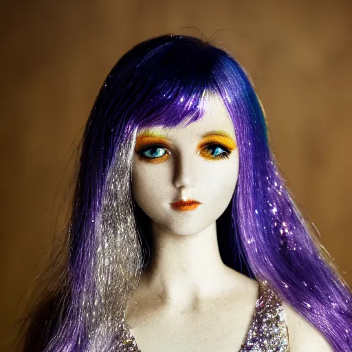 Image similar to girl with silver-violet hair, white eyes and golden glittery dress, wide lens, diorama, 4k,