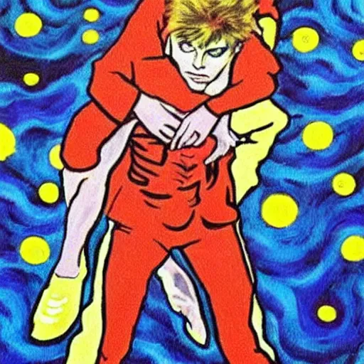 Prompt: david bowie giving a piggy back ride to ziggy stardust. glam rock. cosmic. van gogh