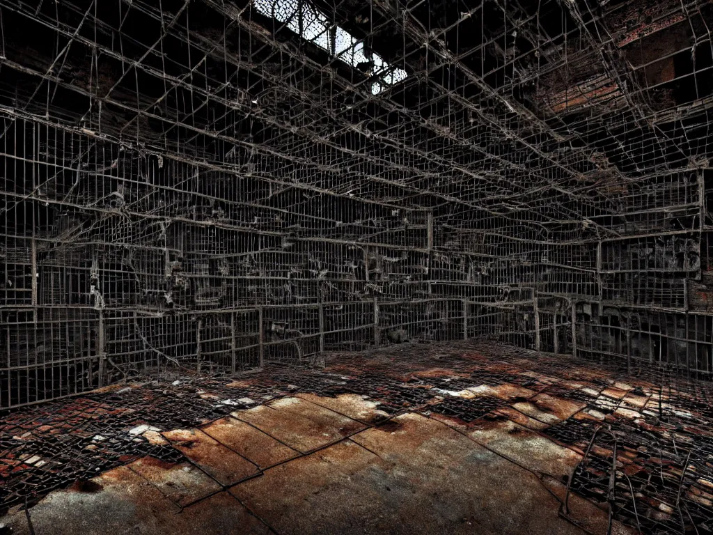 Prompt: An underground very dark gloomy multi-layered structure of rusty thick iron grids, dense chain-link fencing and peeling walls with multiple floors. Inside view, collapsed floors, bent rusted iron, masterpiece, black background, layers, corners, cinematic, hyperdetailed, photorealistic, hyperrealism, octane rendering, 8k, depth of field, bokeh, architecture, SSAO, HBAO, shadows, art by Zdzisław Beksiński, Arthur Rackham, Dariusz Zawadzki
