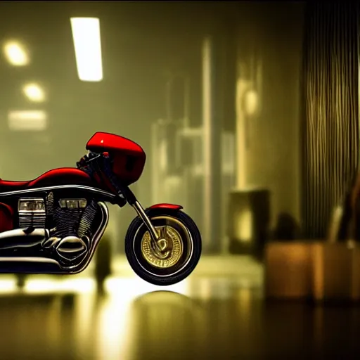 Image similar to motor cycle from the movie akira, moody lighting, shallow depth of field, 8 k, ultra realistic,