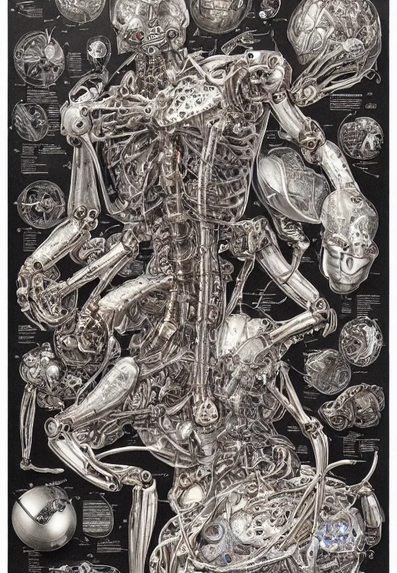 Image similar to highly detailed labeled medical anatomy poster of a robotic abomination, poster paper with notes, well - lit, ray tracing, detailed, mechanism, forbidden - knowledge, intricate details, gold and silver ink, by kentaro miura, marco bucci