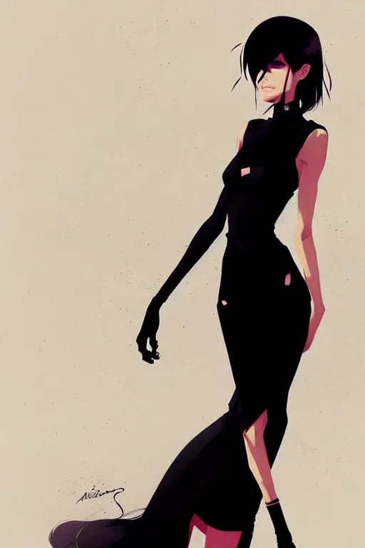Image similar to a ultradetailed beautiful panting of a stylish woman wearing a black dress, by conrad roset, greg rutkowski and makoto shinkai, trending on artstation