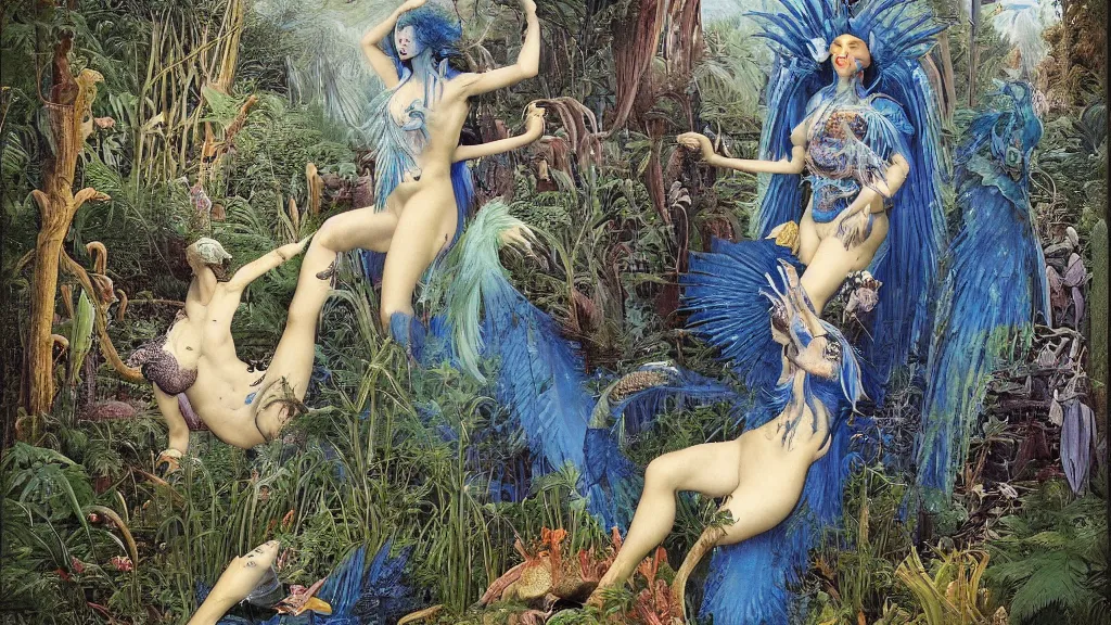 Prompt: a photograph of a grinning meditating blue harpy mermaid mutating into a savage fanged beast. surrounded by huge ferns and conifers. river delta with mountains under a blue sky full of burning stars and birds. painted by jan van eyck, max ernst, ernst haeckel, ernst fuchs and artgerm. trending on artstation, fashion editorial