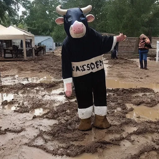 Image similar to person in a cow costume, stuck in mud, craigslist photo