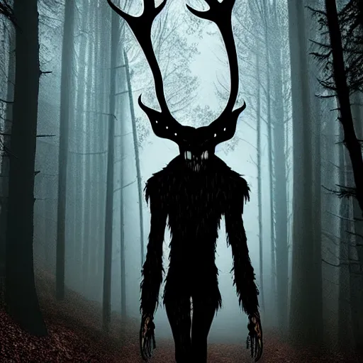 Image similar to Emma Rios comic, Wendigo monster with deer skull face, antlers, furry brown body, tall and lanky skinny, walking through the forest, very dark night time, deep black, ominous lighting, spooky, scary, foggy, fog