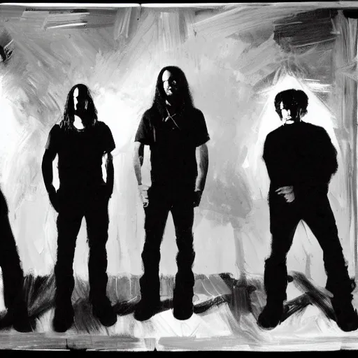 Prompt: greg manchess painting of an metal band photo, direct flash photography at night, film grain, black and white