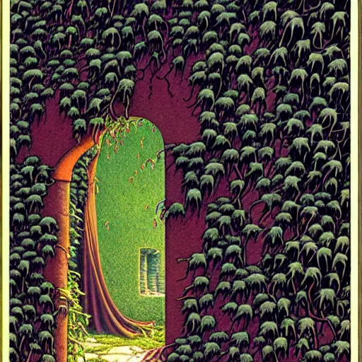 Prompt: Fantasy illustration by Clyde Caldwell Black, thorned ivy covers the walls for thirty feet east of the temple’s doorway. The vines snarl and twist, grasping at the air, as if searching for prey.