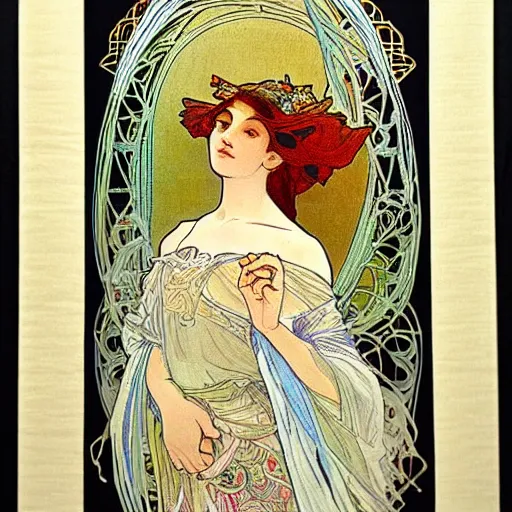 Image similar to a beautiful handmade embroidery of a woman in the style of alphonse mucha. hand embroidery.