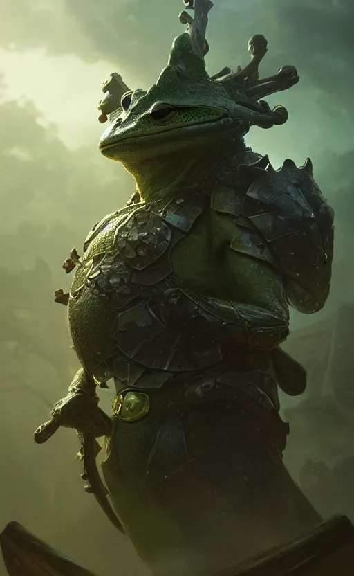 Image similar to a frog knight, holding up a large shield, battle armor, atmospheric lighting painted intricate volumetric lighting, beautiful, sharp focus, ultra detailed by leesha hannigan, ross tran, thierry doizon, kai carpenter, ignacio fernandez rios, makoto shinkai