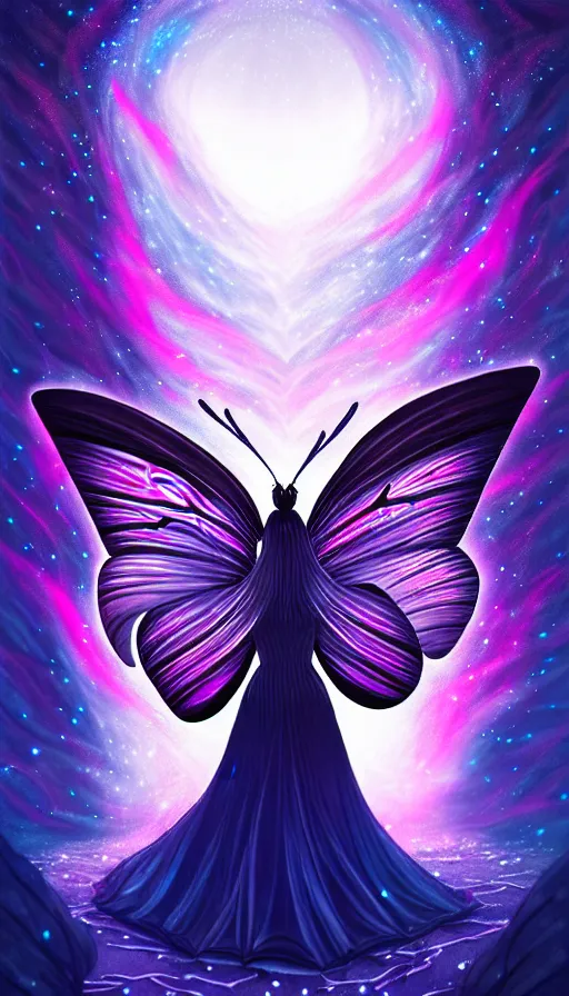 Prompt: a butterfly made of shattered hopes, grimdark fantasy painting of a cosmic butterfly on a shadowed forest background. a fursona of a butterfly goddess dancing on a frozen lake in the darkness void realm