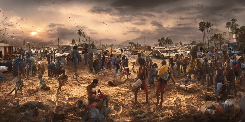 Image similar to realistic national geographic photography of climate change migrant crisis in Los Angeles, detailed lighting, high quality, sharp focus, intricate, digital painting, artstation, 4k