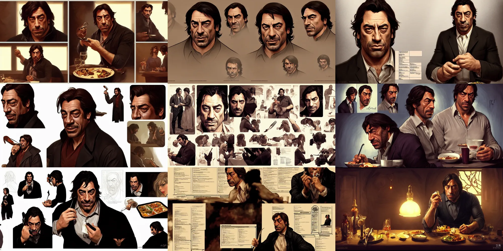 Prompt: javier bardem eating dinner, character sheet, character design, contrast, deep focus, turnaround, highly detailed, dramatic lighting, digital painting, artstation, concept art, matte, sharp focus, illustration, elegant, art by artgerm and greg f and alphonse mucha.