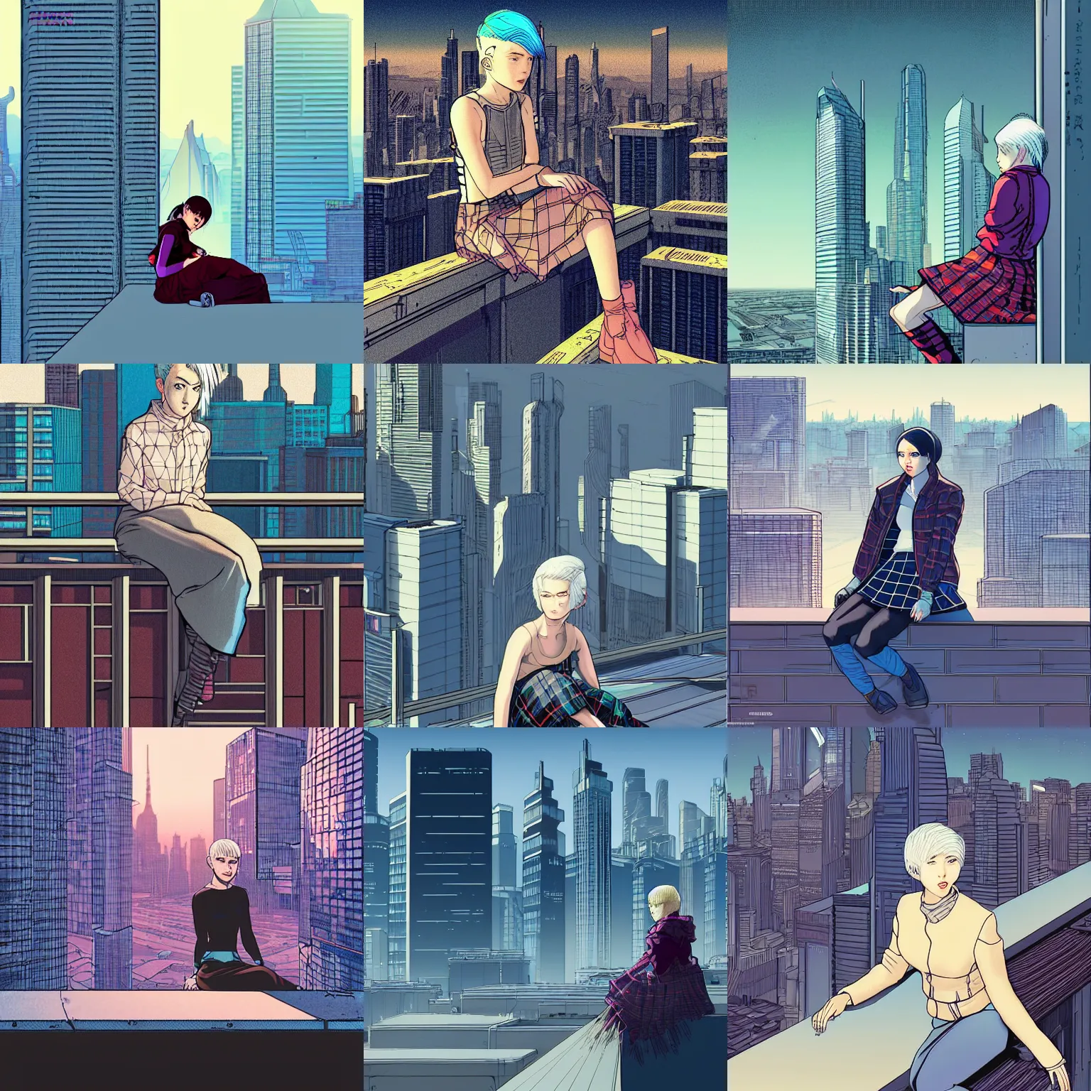 Prompt: young cyberpunk woman with short white hair and grey eyes. She is apathetic. She is wearing a plaid skirt. She is sitting on a rooftop ledge. The ledge overlooks a modern city skyline. Album art in the style of Moebius, in the style of Peter Chung. Award winning.