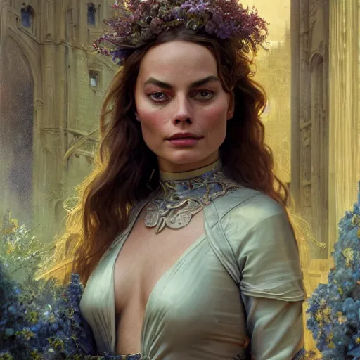 Image similar to a very detailed Magic portrait painting of Margot Robbie, a very detailed fantasy city background, a very detailed dramatic sky, light particles, environment drawn by Donato Giancola and Tom Bagshaw, Edmund Leighton, character design by Alphonse Mucha, 4k, volumetric lighting, komorebi, award winning, octane render, hyperrealistic