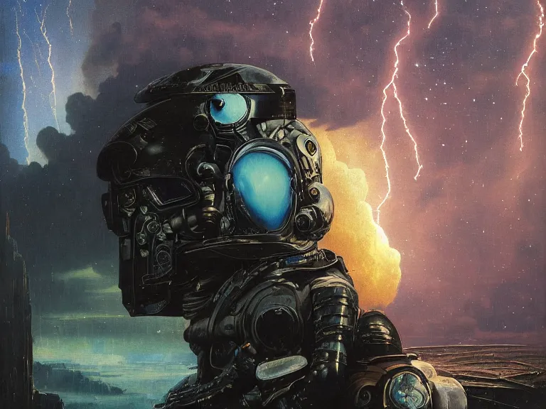 Image similar to a detailed profile oil painting of a lone shock trooper in a space armour with reflective helmet, cinematic sci-fi poster. technology flight suit, bounty hunter portrait symmetrical and science fiction theme with lightning, aurora lighting clouds and stars by beksinski carl spitzweg and tuomas korpi. baroque elements, full-length view. baroque element. intricate artwork by caravaggio. Trending on artstation. 8k