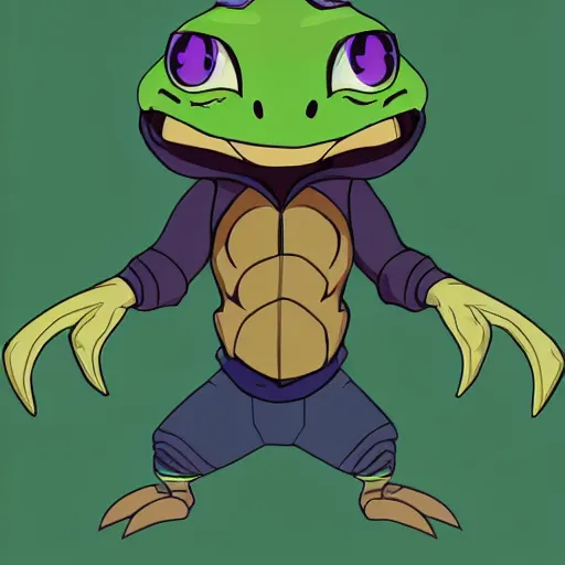 Prompt: cartoonish, anthro lizard dude, wearing a hoodie, standing on two feet, large friendly eyes, in the style of rise of the teenage mutant ninja turtles.