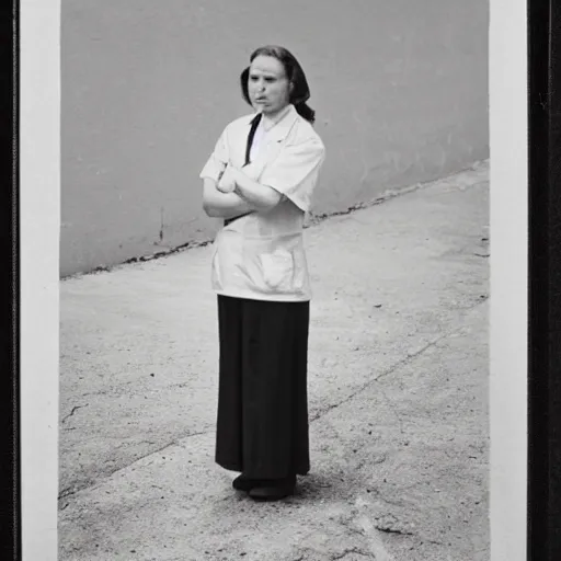 Prompt: ortrait of a nurse standing at wall, photo by wiliam eggleston