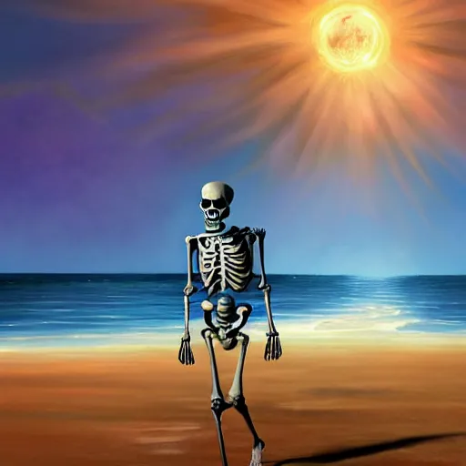 Image similar to Beautiful digital painting portrait of relaxed skeleton walking on the tropical beach with nuclear bomb explosion in the background nuclear bomb explosion in the background, by James Gurney, high quality, trending on Artstation, realistic, tropical color scheme, anatomically correct skeleton, high coherence, clear blue sky