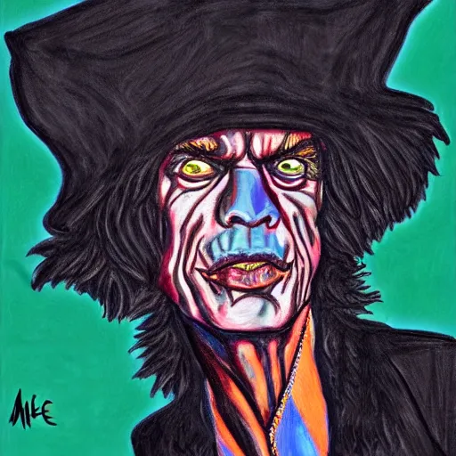 Image similar to mick jagger wearing a voodoo hat and a black cape, art by meow wolf