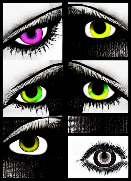 Image similar to grid montage of cube shaped eyes, square shaped black dilated pupils, cube shaped irises, detailed colored textures, eyelashes, advanced art, art styles mix, from wikipedia, wet reflections in square eyes, sunshine light, hd macro photograph, from side, various eyelid positions, square black pupil centered