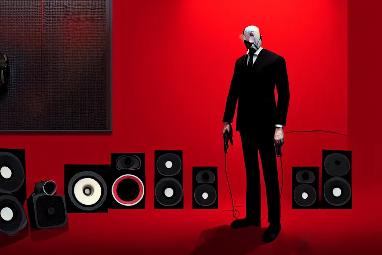 Image similar to an expressive portrait of agent 4 7 from hitman wearing headphones standing in front of a wall of vinyl records, speakers and cables, dark background, red rim light, digital art, artstation, concept art by giger stalenhag