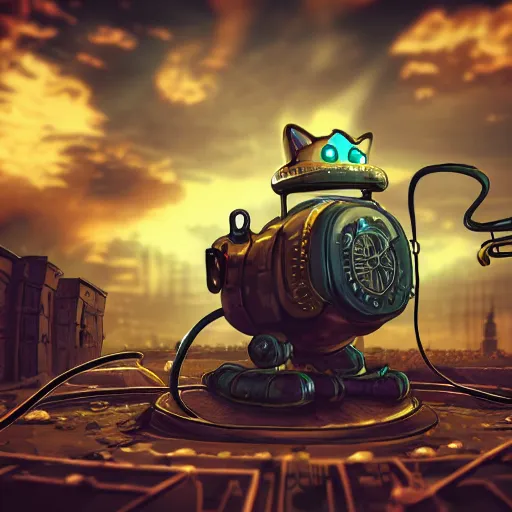 Prompt: a steampunk robotic cat, retro, steam, extremely detailed, particles, cinematic lighting, anime, clouds, sky, lush, beautiful,