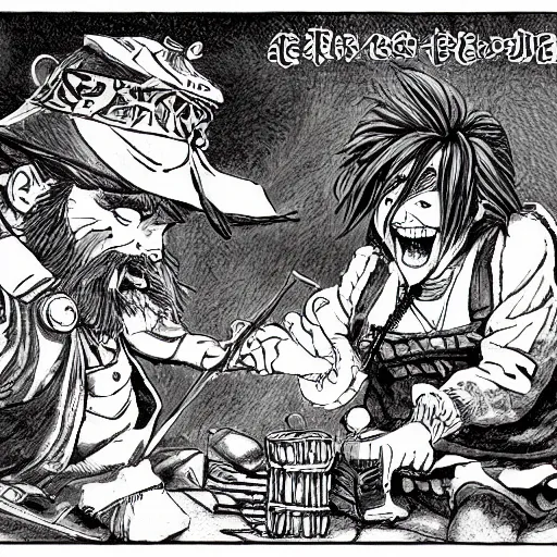 Prompt: precisely drawn illustration of anime two dwarf bandits laughing, old-fashioned tarot card, victorian playing card, sepia tone, wide angle, sharp, fine details, anime, manga, cyberpunk, intense line art, 8k, precise linework, realistic, shaded lighting by katsuhiro otomo ghost-in-the-shell, magali villeneuve, artgerm, rutkowski Jeremy Lipkin and Giuseppe Dangelico Pino and Michael Garmash and Rob Rey