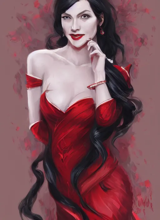 Image similar to a highly detailed illustration of long black hair white woman wearing a red and black dress, dramatic smile pose, intricate, elegant, highly detailed, centered, digital painting, artstation, concept art, smooth, sharp focus, league of legends concept art, WLOP