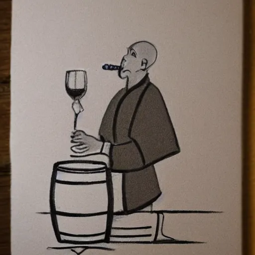 Prompt: minimalist sketch of a monk drinking wine next to a barrel