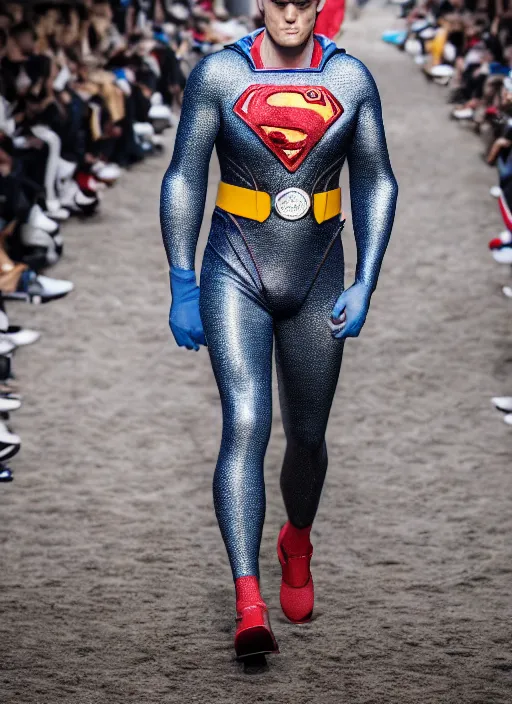 Prompt: hyperrealistic and heavy detailed moncler runway show of superman, leica sl 2 5 0 mm, vivid color, high quality, high textured, real life