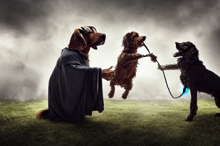 Image similar to dog wizard casting a magic spell on an evil witch, majestic pose, dramatic lighting, cinematic scene