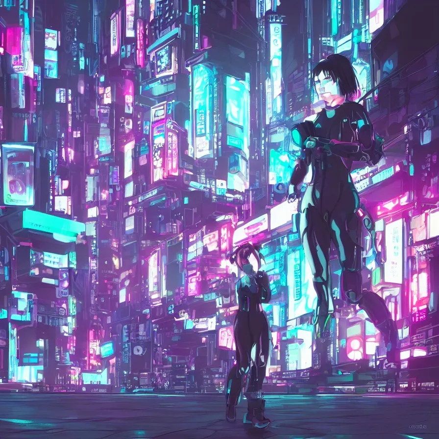 Image similar to a female android running in cyberpunk tokyo by night, digital hand drawing and coloring, ghost in the shell, neons lights