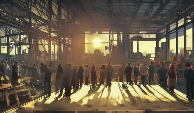 Image similar to group of people in simple warehouse, watching hologram of futuristic city on a table, cinematic concept art, godrays, golden hour, natural sunlight, 4 k, clear details, tabletop model buildings, center model buildings, hologram center, crane shot, crane shot, crane shot