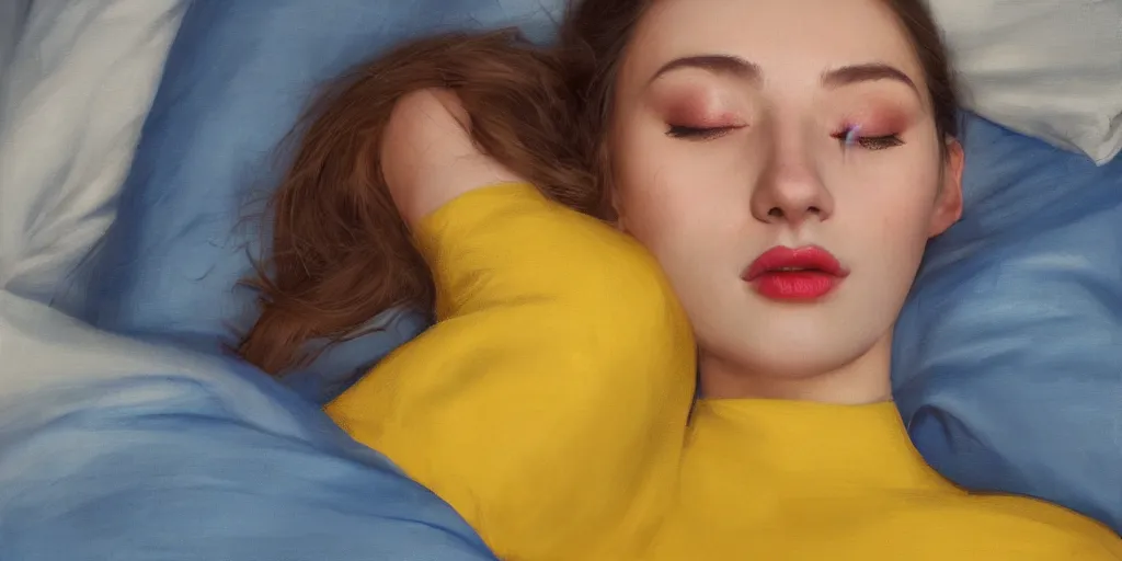 Image similar to beautiful oil matte portrait painting, young woman with closed eyes lying on a red bedsheet with blue pillows wearing a mustard yellow dress, detailed face, wonderful masterpiece highly detailed, beautiful cinematic light deep focus, elegant, digital painting, smooth, sharp focus, golden ratio, dramatic illumination, ultra realistic, 8 k, art by jimmy law