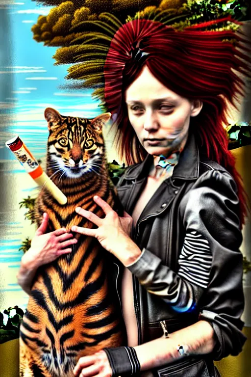 Image similar to punk rock girls making selfie with cats and smoking in jungle , mad max jacket, post apocalyptic, renaissance, highly detailed, digital painting, oil painting by Leonardo Da Vinci, hyper realistic style, fantasy by Olga Fedorova