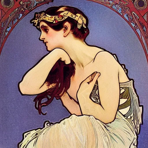 Image similar to ballerina, painted by alphonse mucha